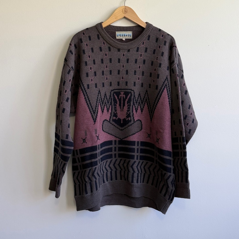 Vintage Mikedale Geometric Graphic Knit Sweater Taupe Mauve Black Boxy Large